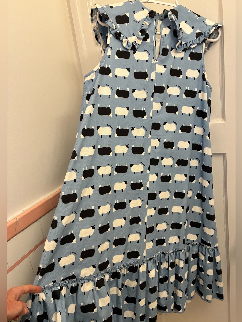 Lisa Says Gah midi sheep dress with ruffly collar and button hem